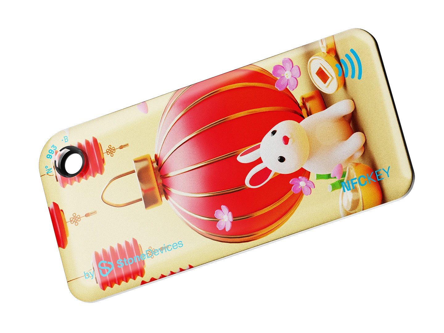NFC key fob with a cartoon bunny and red Chinese lantern design on a beige background