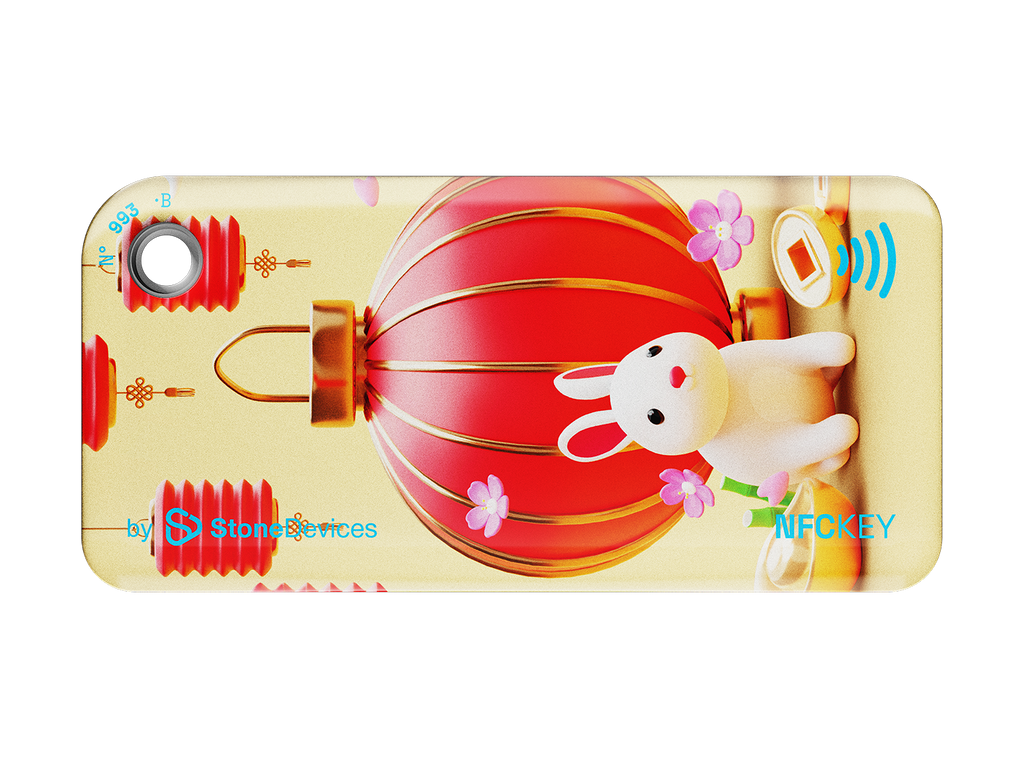 NFC keychain with a 3D cartoon white bunny and red Chinese lantern design on a beige background