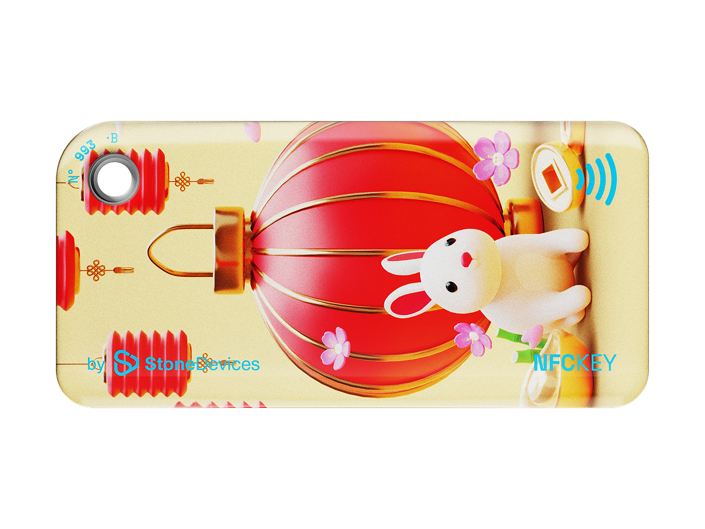 NFC keychain with a 3D cartoon white bunny and red Chinese lantern design on a beige background