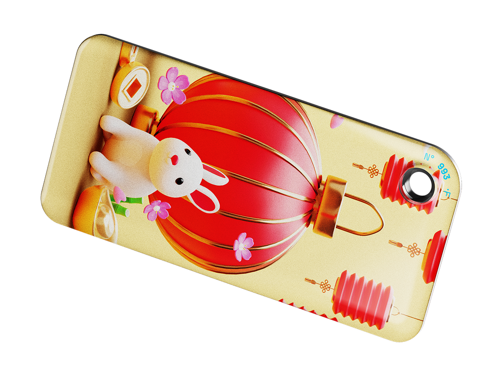 NFC key fob with a 3D cartoon white bunny and red Chinese lantern design on a beige background
