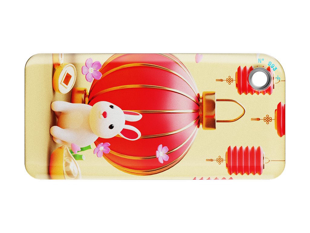 NFC keychain with a 3D cartoon white bunny and red Chinese lantern design on a beige background