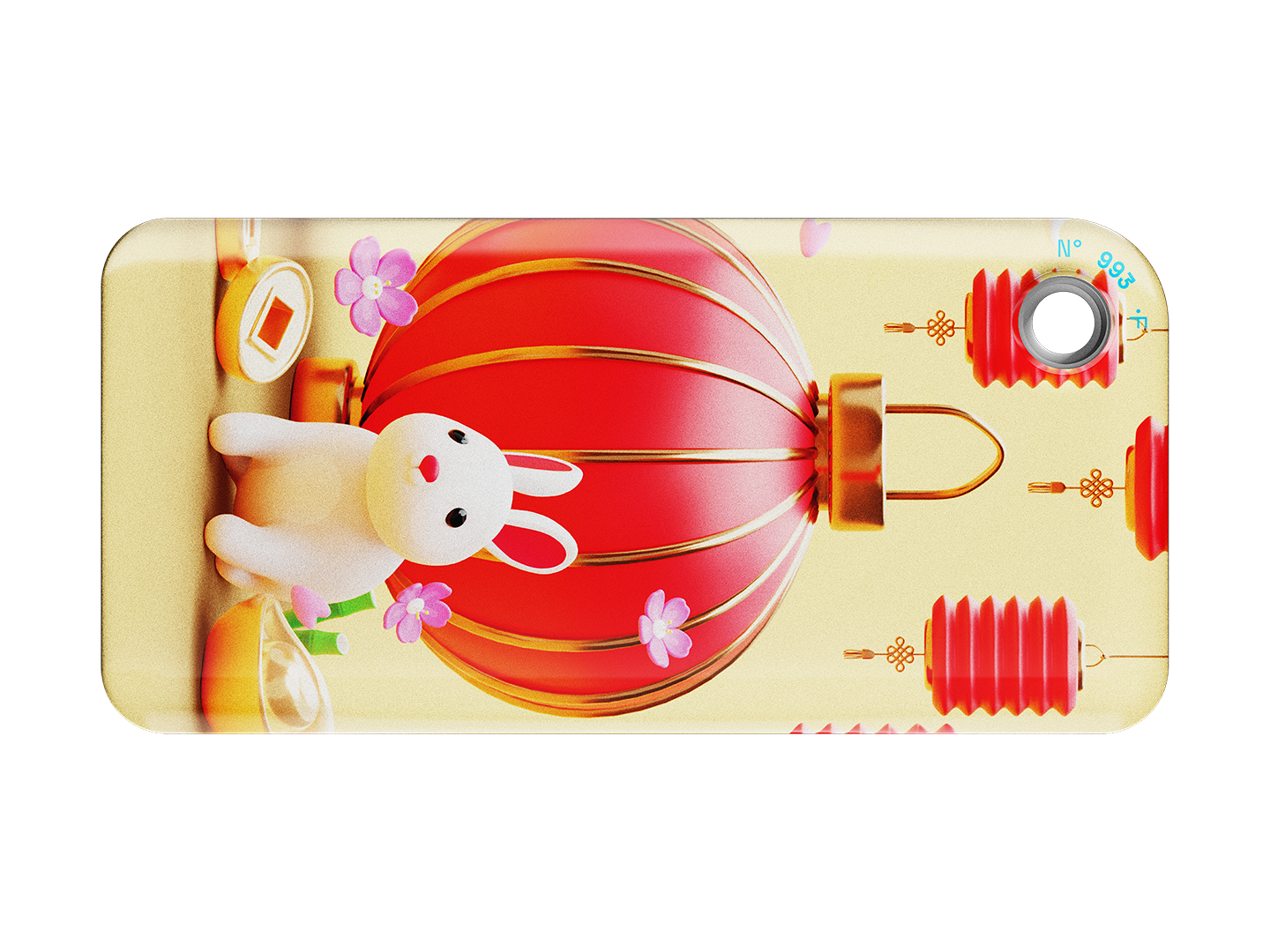 NFC keychain with a 3D cartoon white bunny and red Chinese lantern design on a beige background