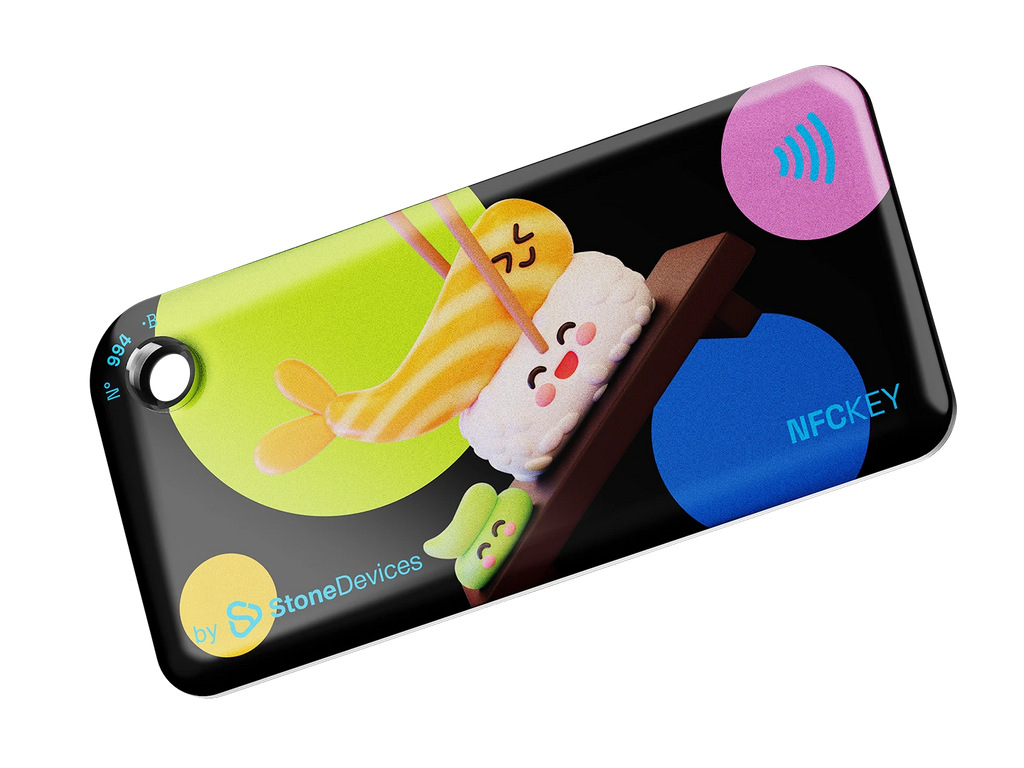 NFC key fob with 3D cartoon shrimp sushi on a black background with multicolor dots 