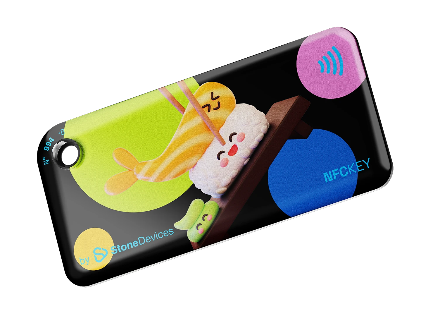 NFC key fob with 3D cartoon shrimp sushi on a black background with multicolor dots 