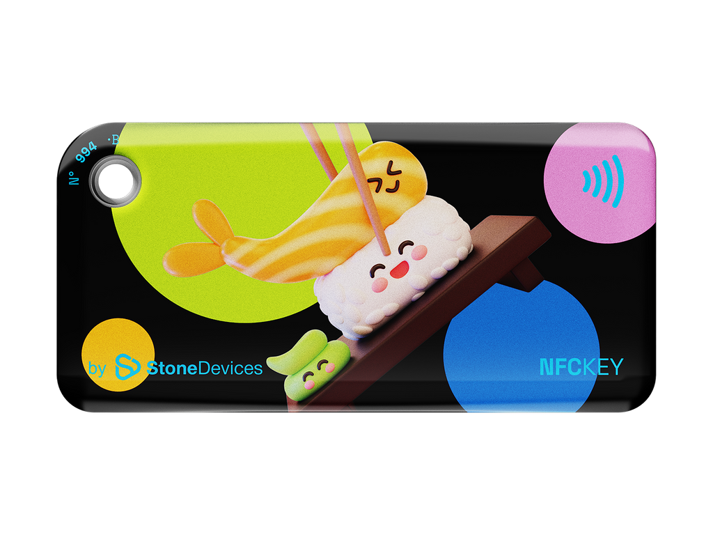 NFC keychain with a 3D cartoon shrimp sushi on a black background with multicolor dots 