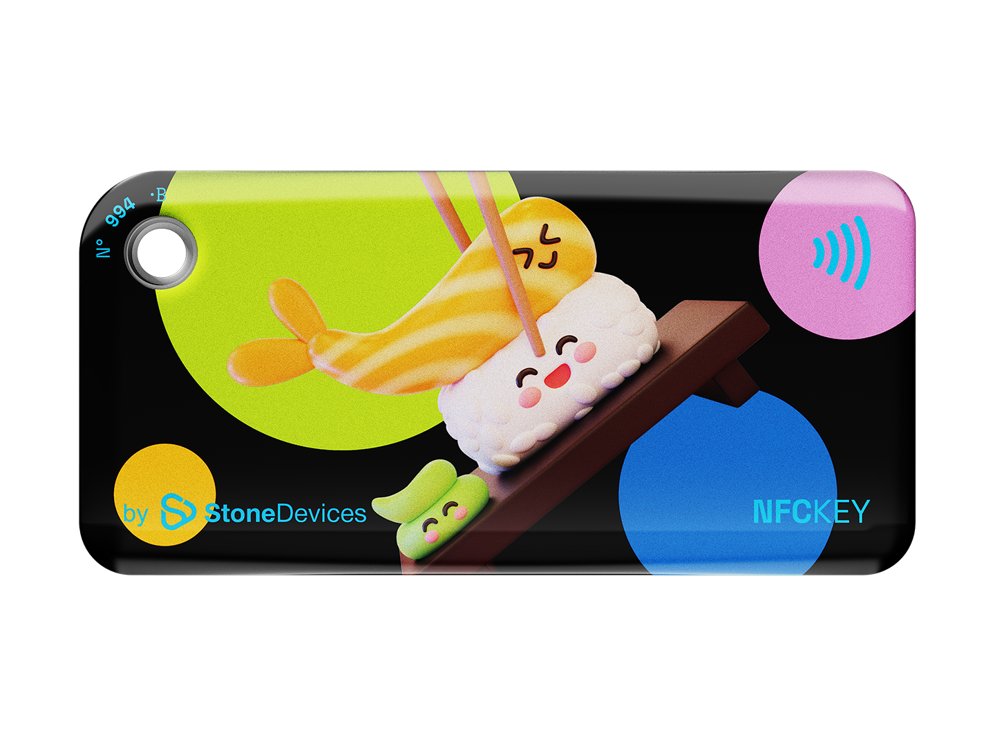 NFC keychain with a 3D cartoon shrimp sushi on a black background with multicolor dots 