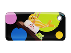 NFC keychain with a 3D cartoon shrimp sushi on a black background with multicolor dots 