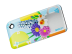 NFC key fob with 3D cartoon multicolor flowers inside a white cup design on a light blue background 