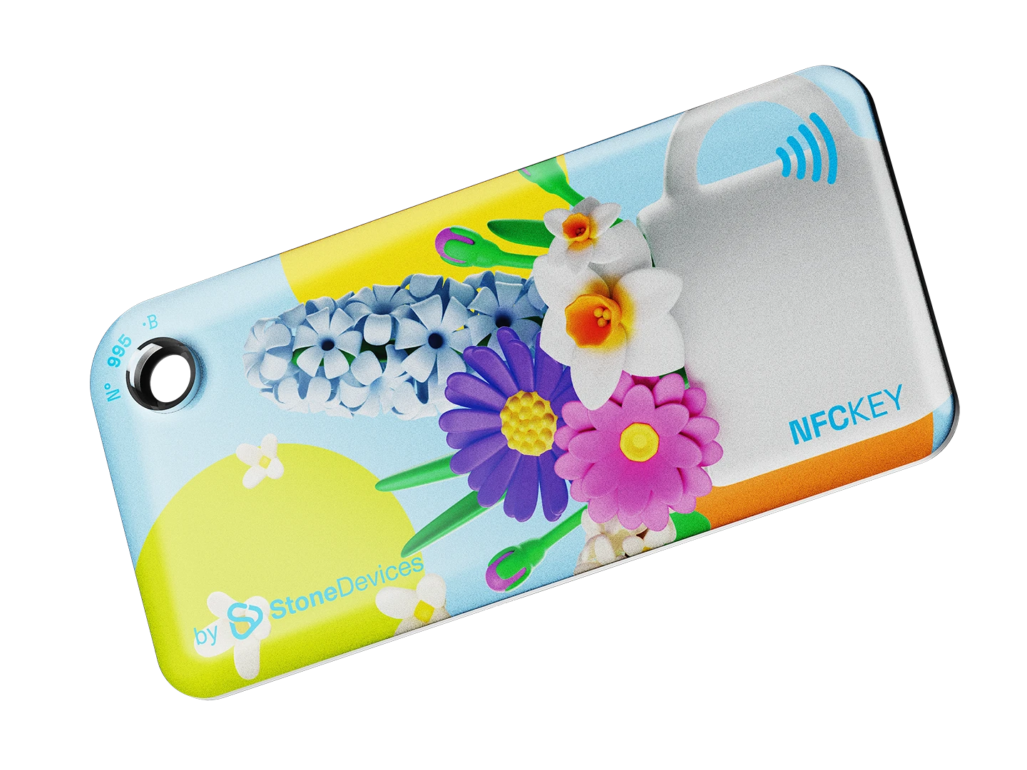 NFC key fob with 3D cartoon multicolor flowers inside a white cup design on a light blue background 
