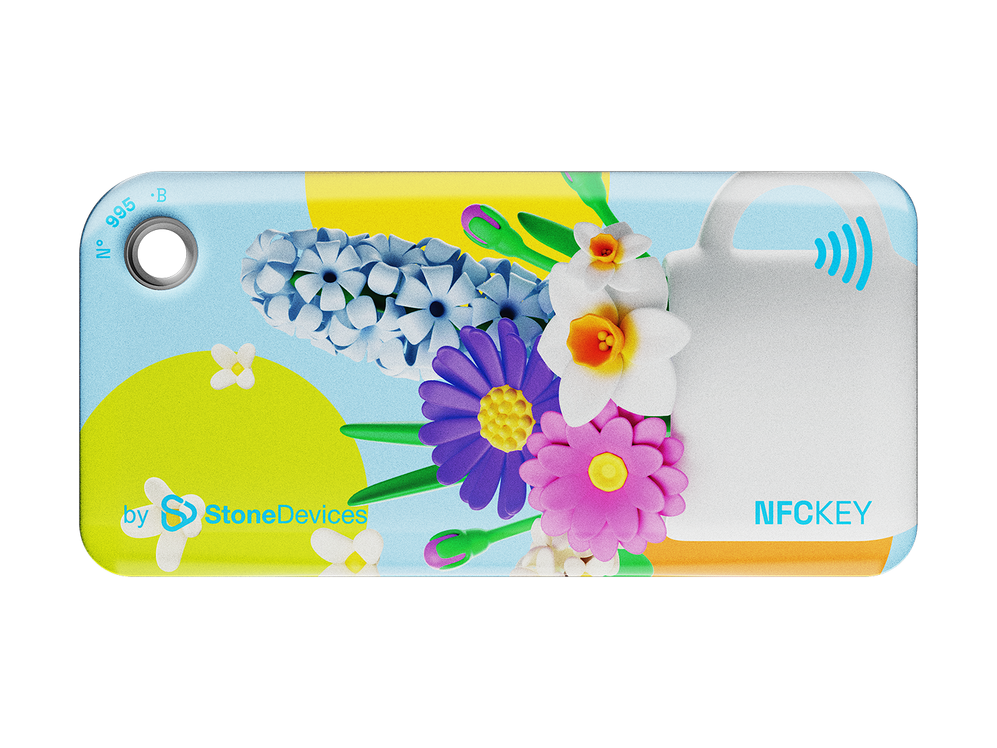 NFC keychain with 3D cartoon multicolor flowers inside a white cup design on a light blue background 