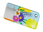 NFC keychain with 3D cartoon multicolor flowers inside a white cup design on a light blue background 