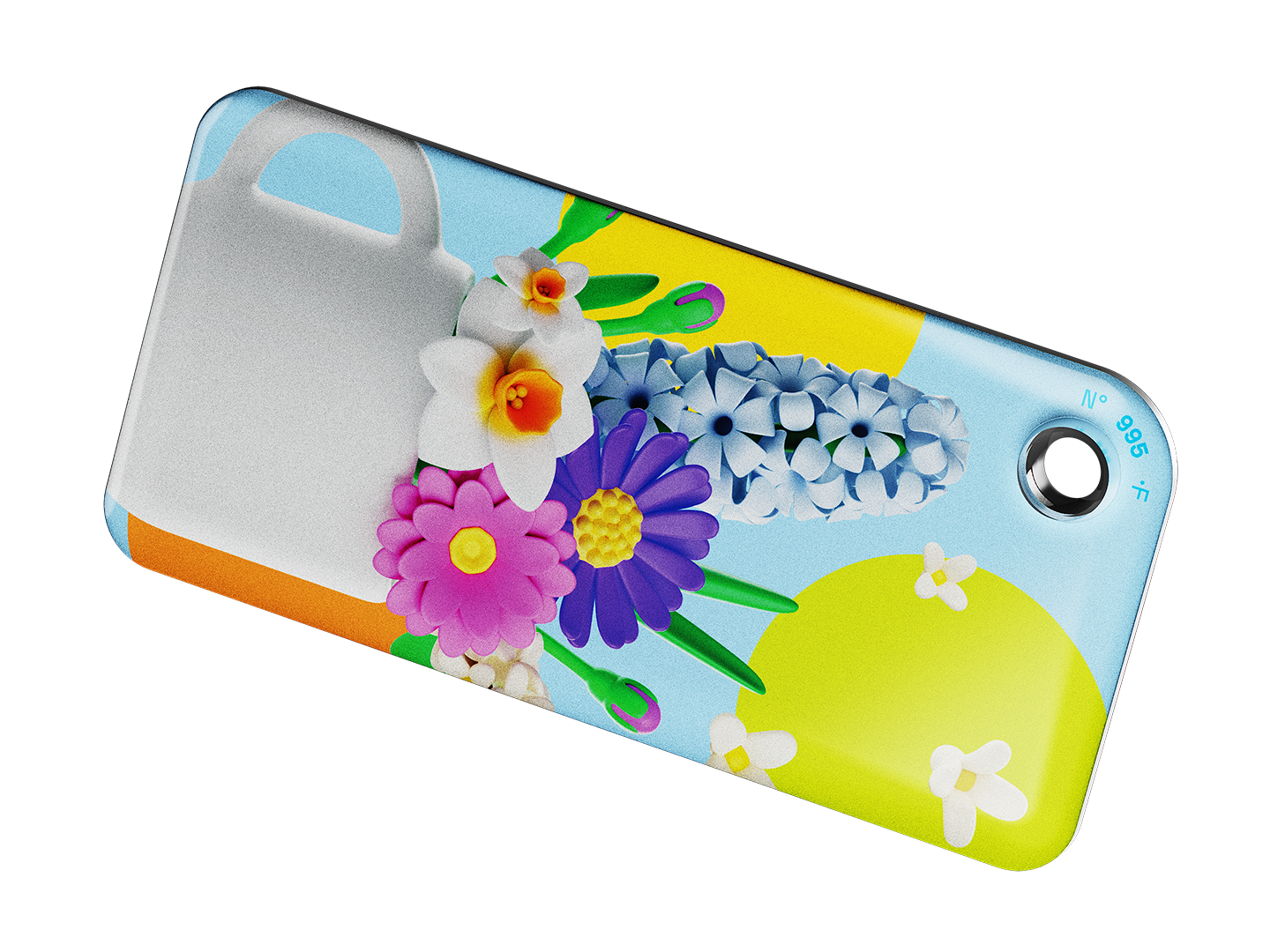 NFC keychain with 3D cartoon multicolor flowers inside a white cup design on a light blue background 