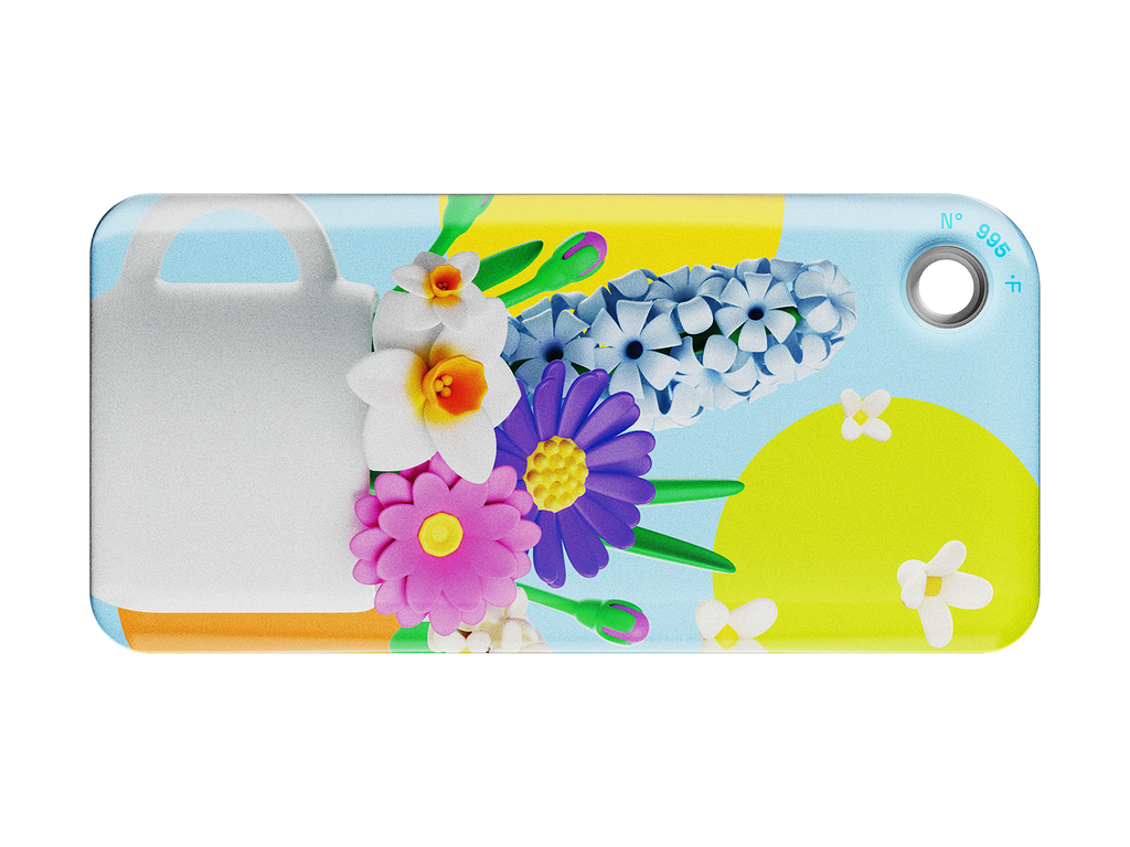 NFC key fob with 3D cartoon multicolor flowers inside a white cup design on a light blue background 