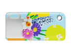 NFC key fob with 3D cartoon multicolor flowers inside a white cup design on a light blue background 