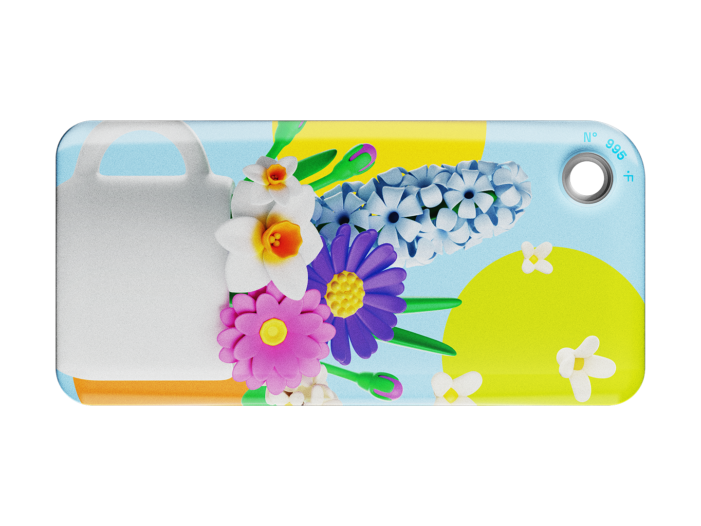 NFC key fob with 3D cartoon multicolor flowers inside a white cup design on a light blue background 