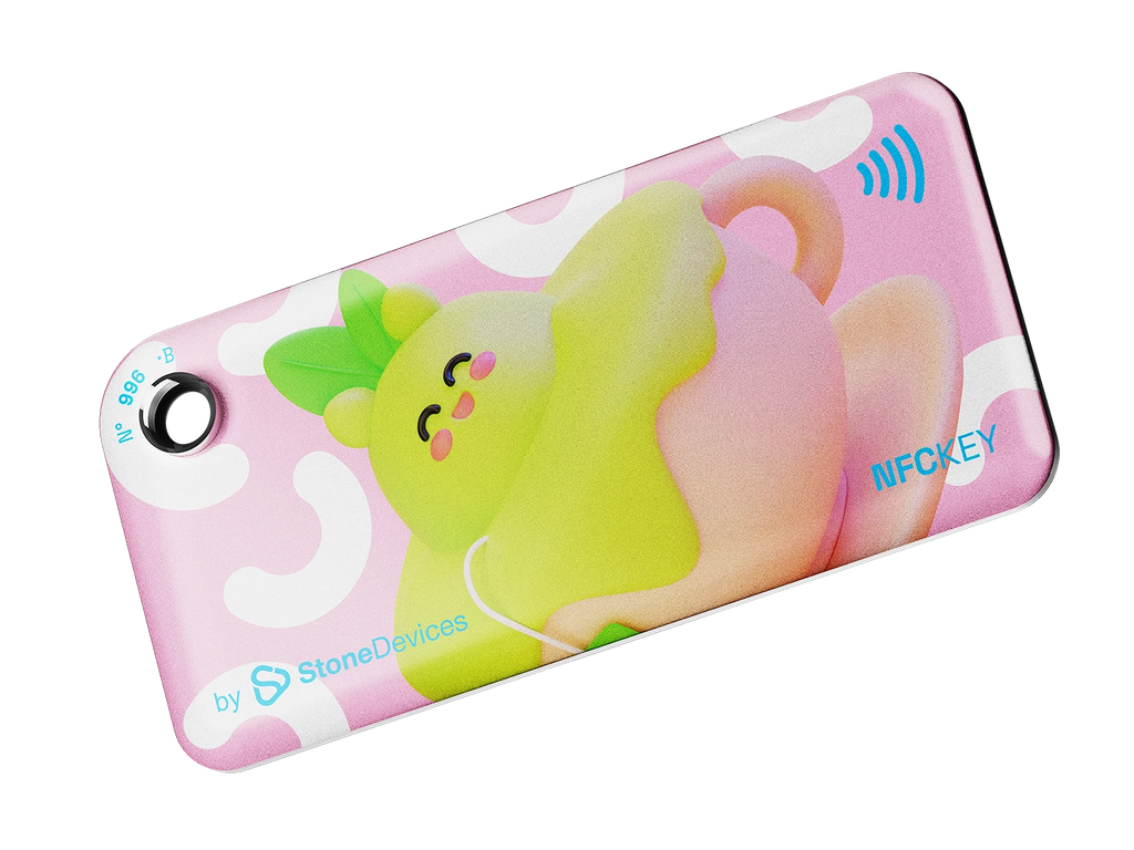 NFC key fob with a 3D pink cartoon tea cup and green icecream design on a light pink background 