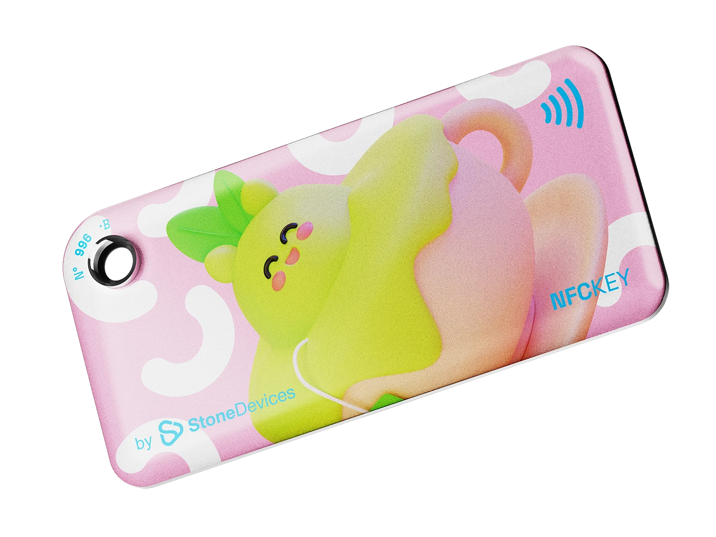 NFC key fob with a 3D pink cartoon tea cup and green icecream design on a light pink background 