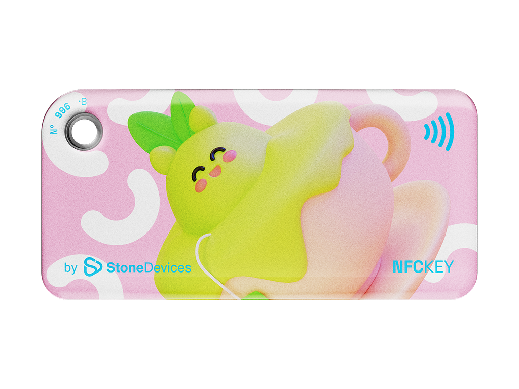 NFC keychain with a 3D pink cartoon tea cup and green icecream design on a light pink background 