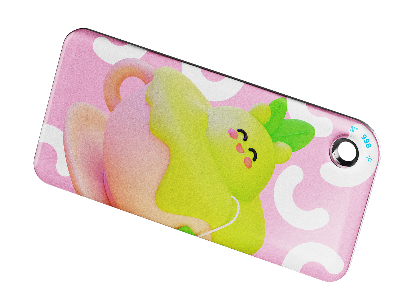 NFC key fob with a 3D pink cartoon tea cup and green tea design on a light pink background 