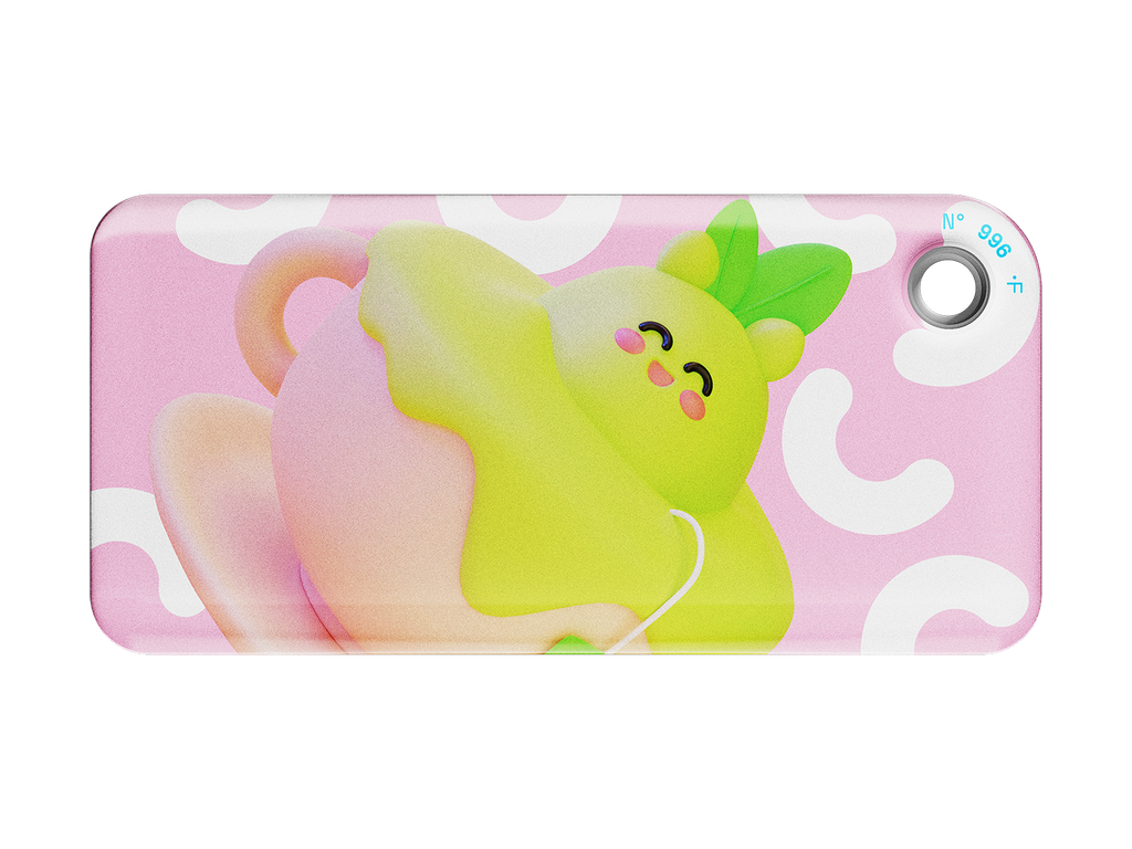 NFC keychain with a 3D pink cartoon tea cup and green tea design on a light pink background 
