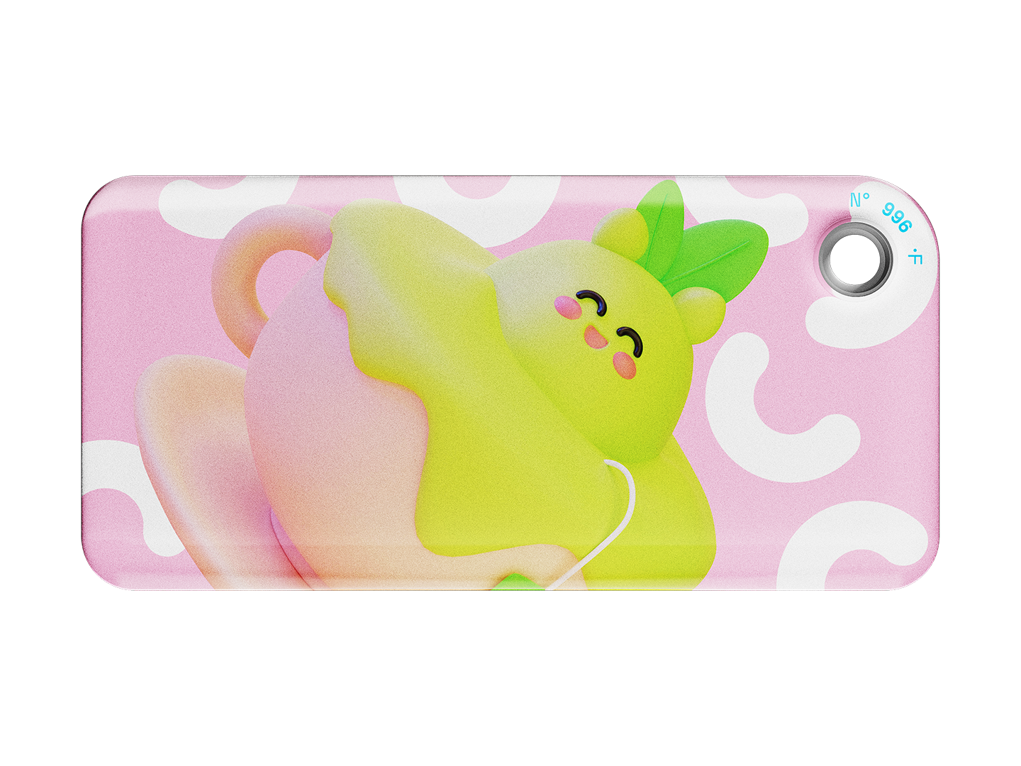 NFC keychain with a 3D pink cartoon tea cup and green tea design on a light pink background 