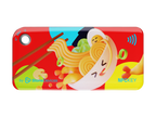 NFC keychain with 3D cartoon ramen bowl and chopsticks design on a red background with multicolor circles