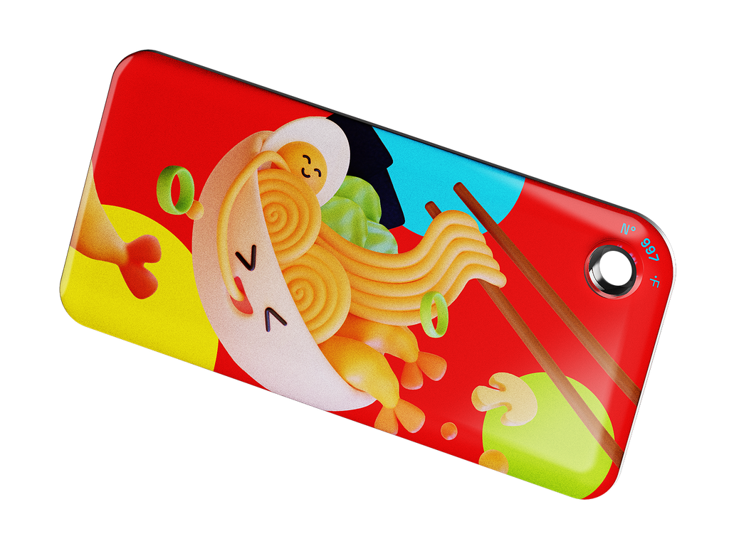 NFC key fob with 3D cute cartoon noodles bowl and chopsticks design on a red background with multicolor circles