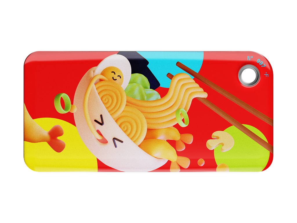 NFC keychain with 3D cartoon noodles bowl and chopsticks design on a red background with multicolor circles