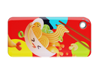 NFC keychain with 3D cartoon noodles bowl and chopsticks design on a red background with multicolor circles