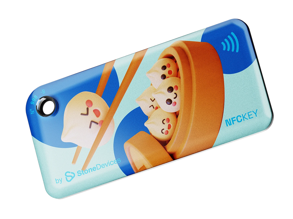 NFC key fob with 3D cute cartoon dumplings design on a light blue background with blue dots