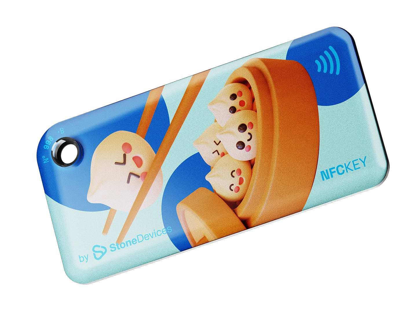NFC key fob with 3D cute cartoon dumplings design on a light blue background with blue dots