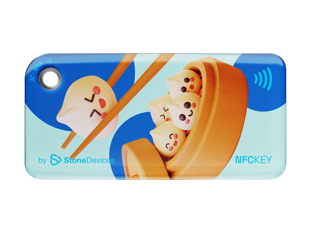 NFC keychain with 3D cartoon dumplings design on a light blue background with blue dots