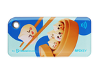 NFC keychain with 3D cartoon dumplings design on a light blue background with blue dots