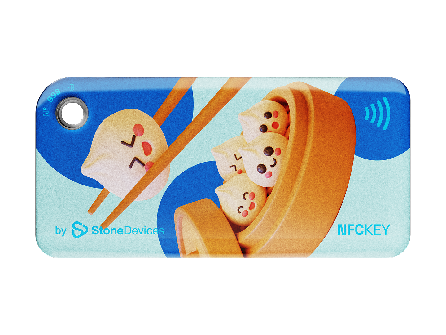 NFC keychain with 3D cartoon dumplings design on a light blue background with blue dots