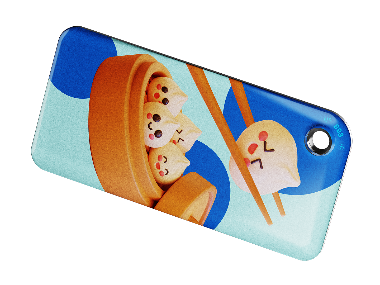 NFC keychain with 3D cute cartoon dumplings design on a light blue background with blue dots
