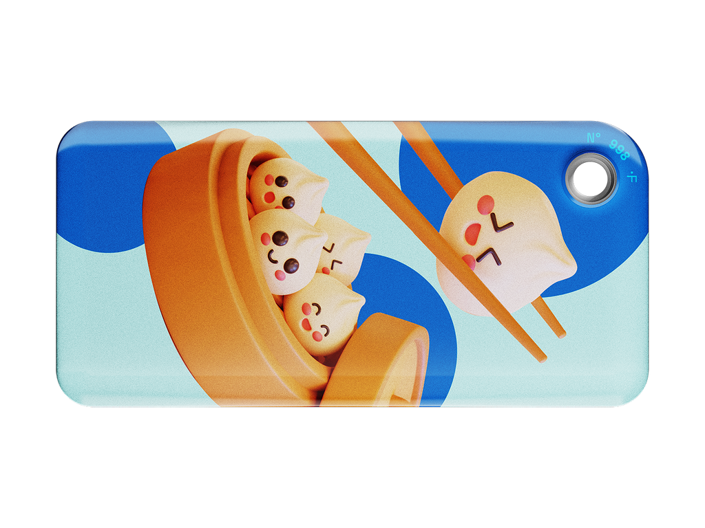 NFC keychain with 3D cartoon dumplings design on a light blue background with blue circles