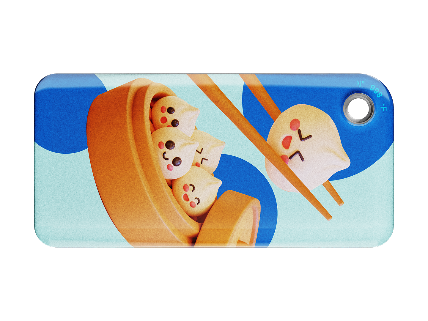 NFC keychain with 3D cartoon dumplings design on a light blue background with blue circles