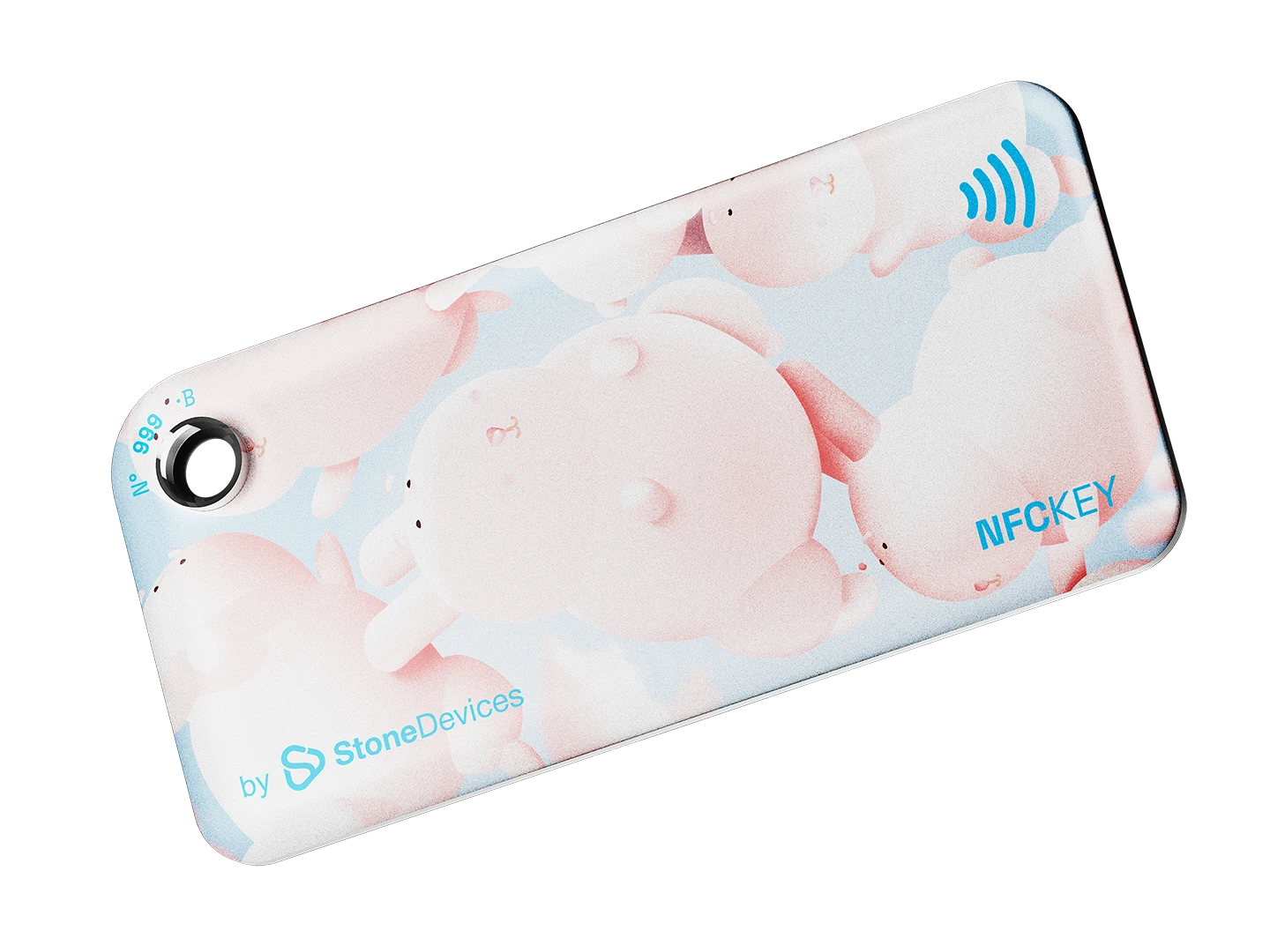 NFC keychain with a 3D pink bunny character design on a light blue background