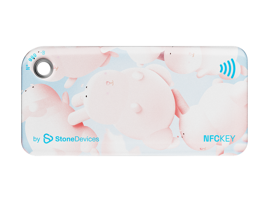 NFC key fob with a 3D pink bunny character design on a light blue background