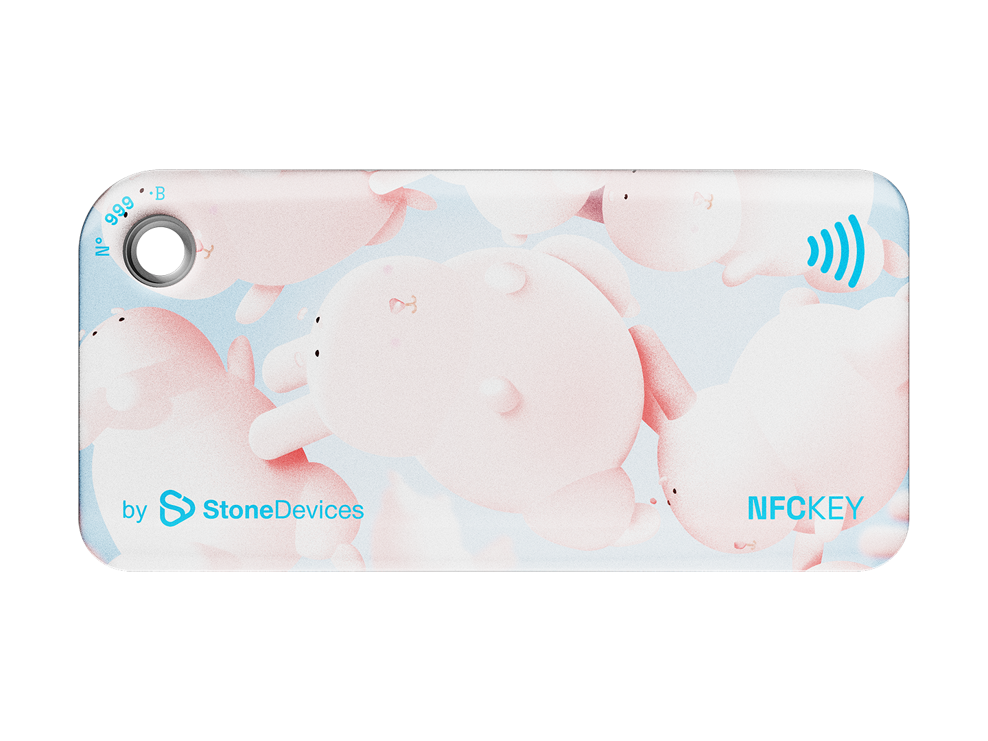 NFC key fob with a 3D pink bunny character design on a light blue background