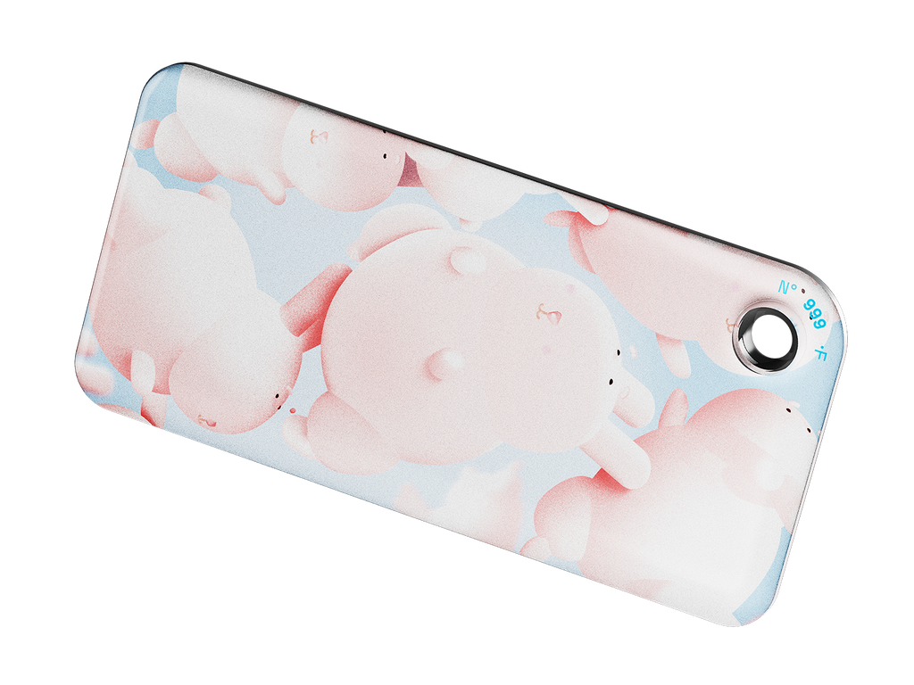 NFC keychain with 3D pink bunny character design on a light blue background