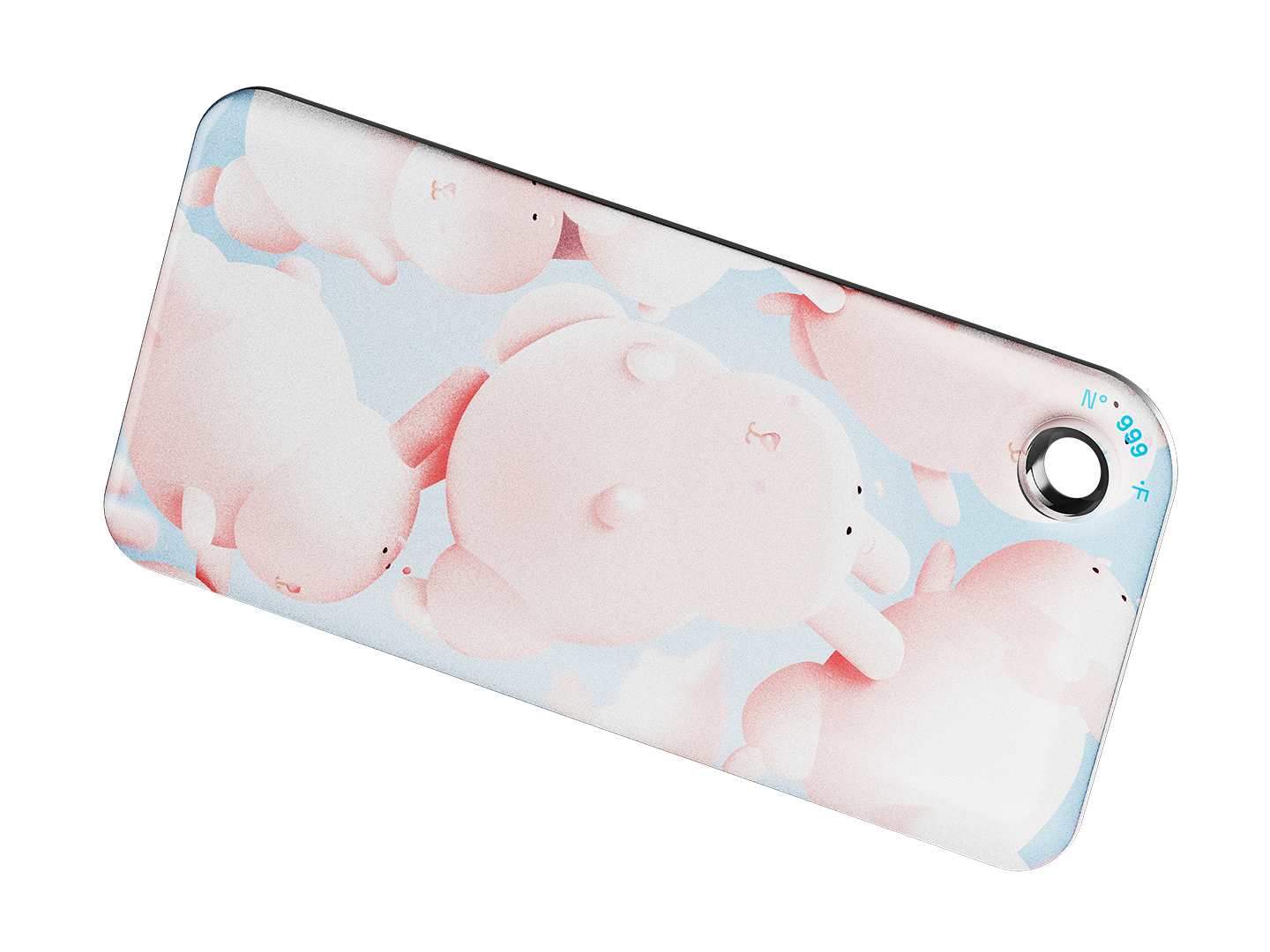 NFC keychain with 3D pink bunny character design on a light blue background