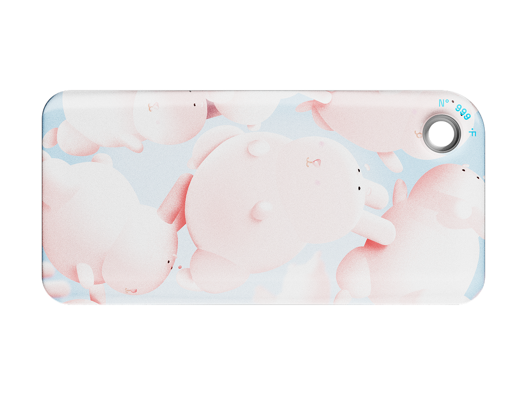 NFC key fob with 3D pink bunny character design on a light blue background