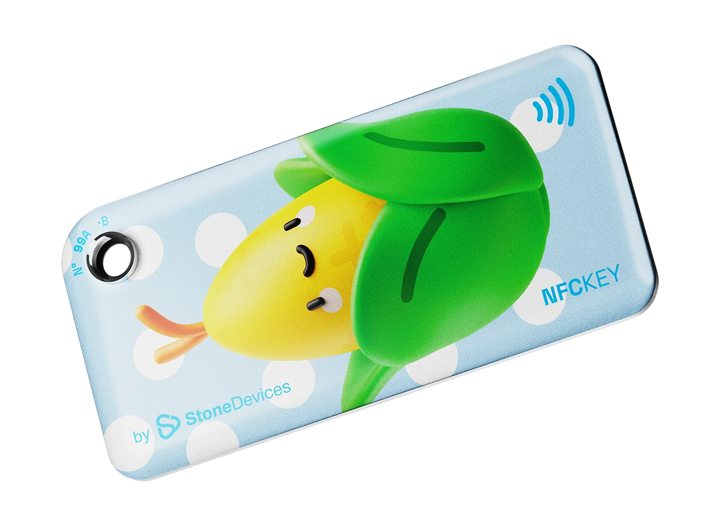 NFC keychain with 3D cute corn character design on a light blue background