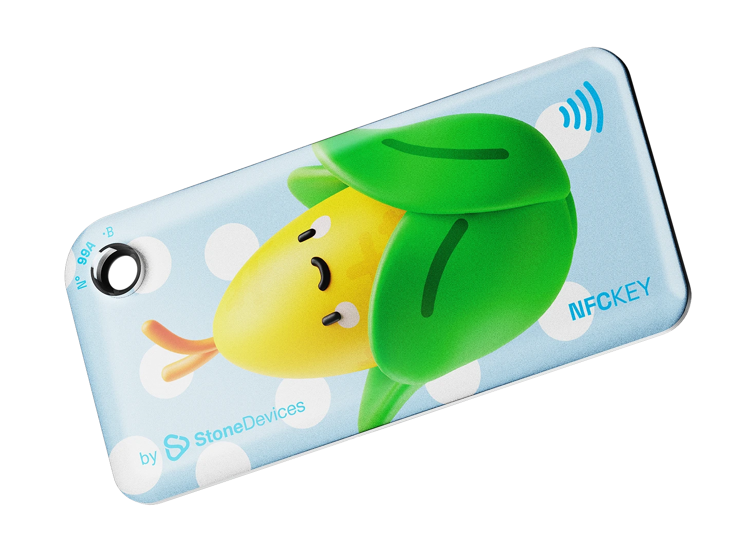 NFC keychain with 3D cute corn character design on a light blue background