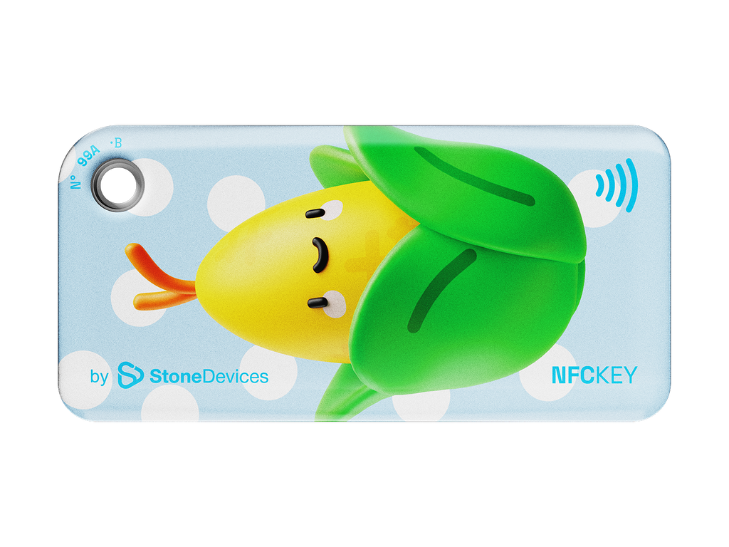 NFC keychain with 3D cartoon corn character design on a light blue background