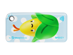 NFC keychain with 3D cartoon corn character design on a light blue background