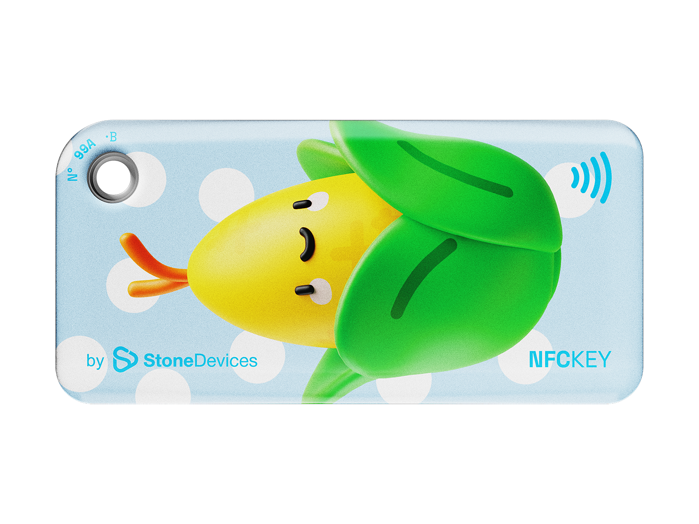 NFC keychain with 3D cartoon corn character design on a light blue background