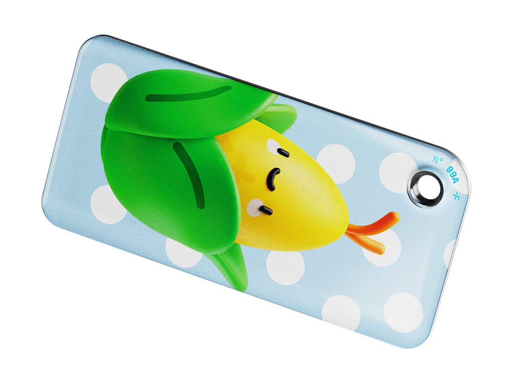 NFC key fob with cute 3D corn character design on a light blue background