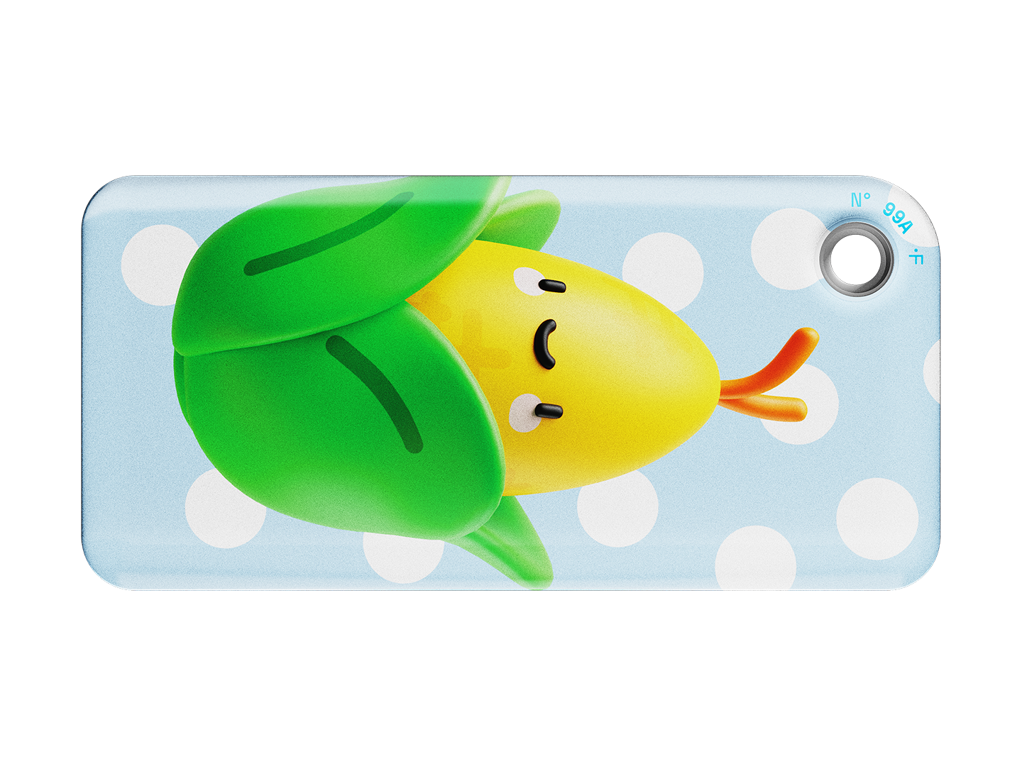 NFC keychain with 3D corn character design on a light blue background